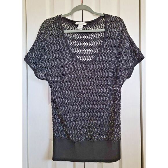 White House Black Market M Open Knit Sweater Sz Medium Black/Silver METALLIC - Picture 1 of 6